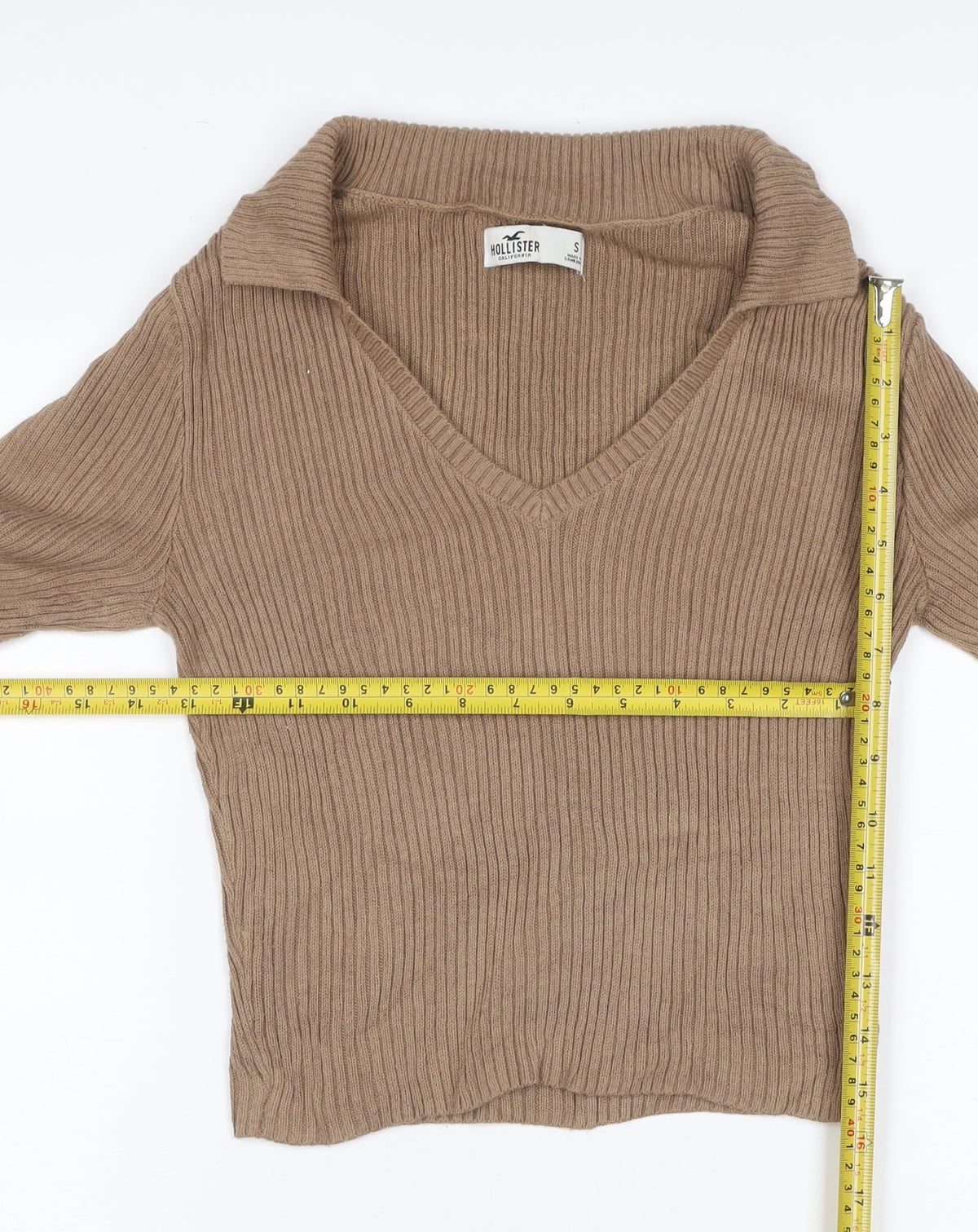 Hollister Women Beige S Rib Knit Collared V-Neck Slim Jumper