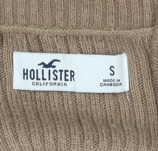 Hollister Women Beige S Rib Knit Collared V-Neck Slim Jumper