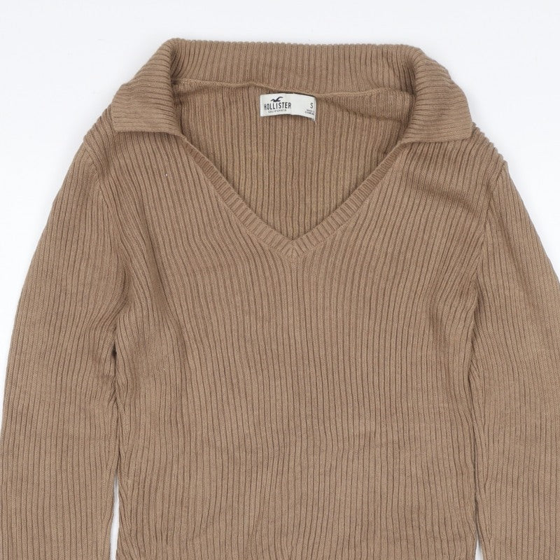 Hollister Women Beige S Rib Knit Collared V-Neck Slim Jumper