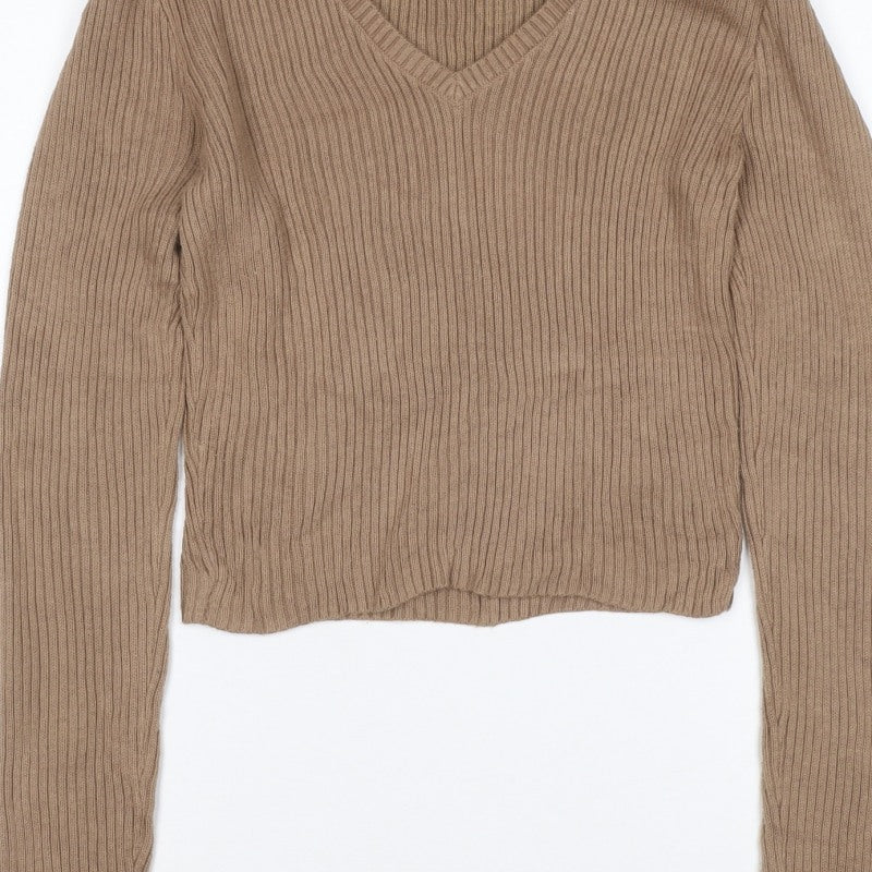 Hollister Women Beige S Rib Knit Collared V-Neck Slim Jumper