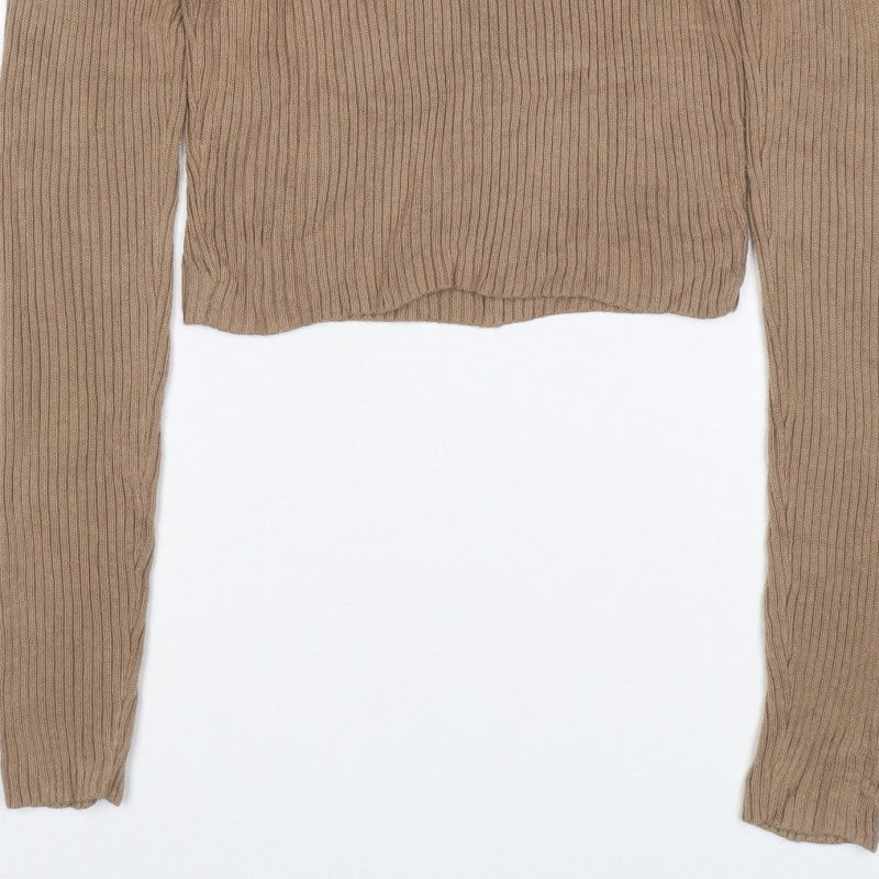 Hollister Women Beige S Rib Knit Collared V-Neck Slim Jumper