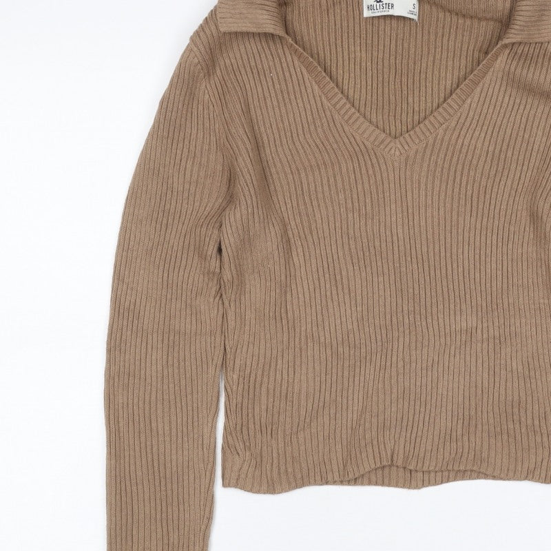 Hollister Women Beige S Rib Knit Collared V-Neck Slim Jumper