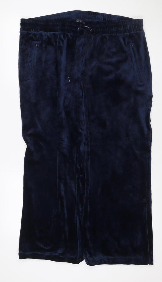 Marks & Spencer Women Blue UK 18 Short Velour Track Pants Drawstring