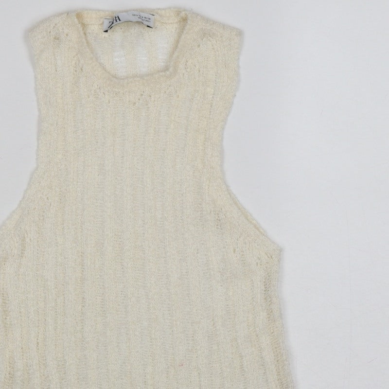 Zara Women Ivory S Sleeveless Knit Sheer Scoop Neck Tank Top