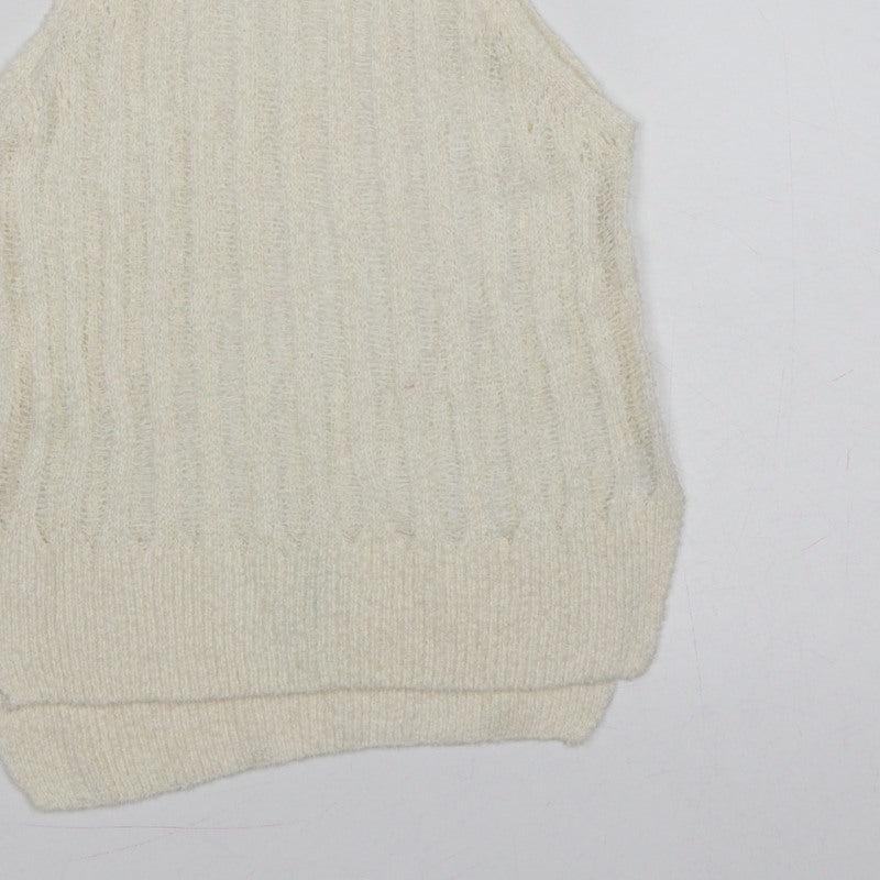Zara Women Ivory S Sleeveless Knit Sheer Scoop Neck Tank Top