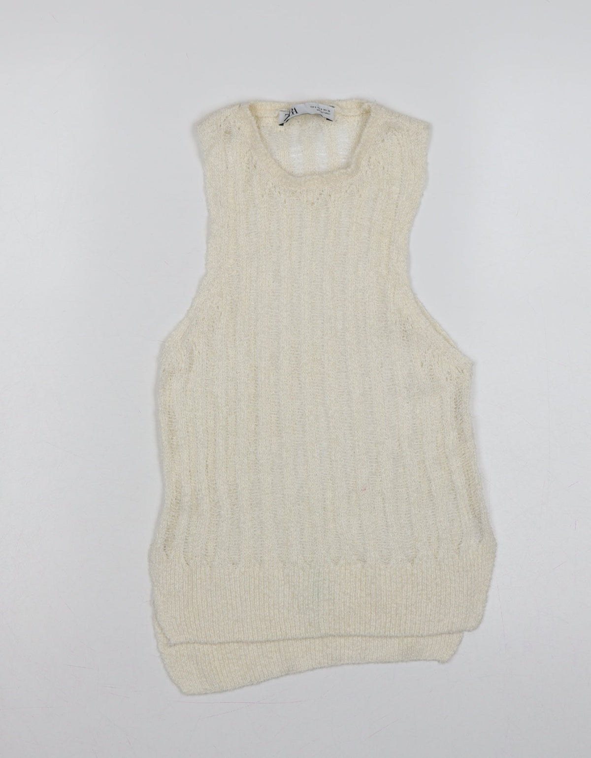 Zara Women Ivory S Sleeveless Knit Sheer Scoop Neck Tank Top