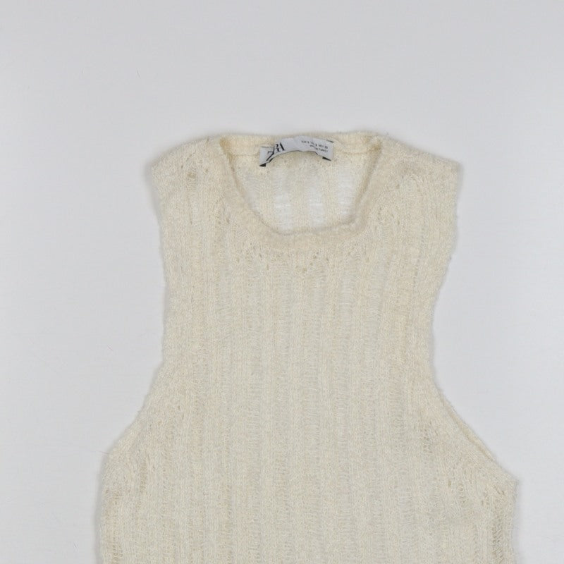 Zara Women Ivory S Sleeveless Knit Sheer Scoop Neck Tank Top