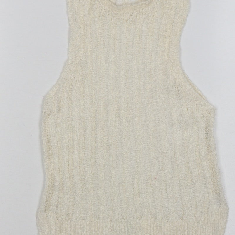 Zara Women Ivory S Sleeveless Knit Sheer Scoop Neck Tank Top