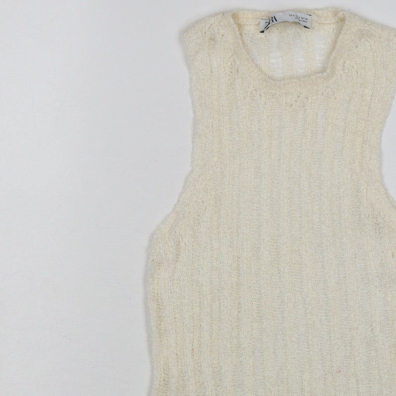 Zara Women Ivory S Sleeveless Knit Sheer Scoop Neck Tank Top