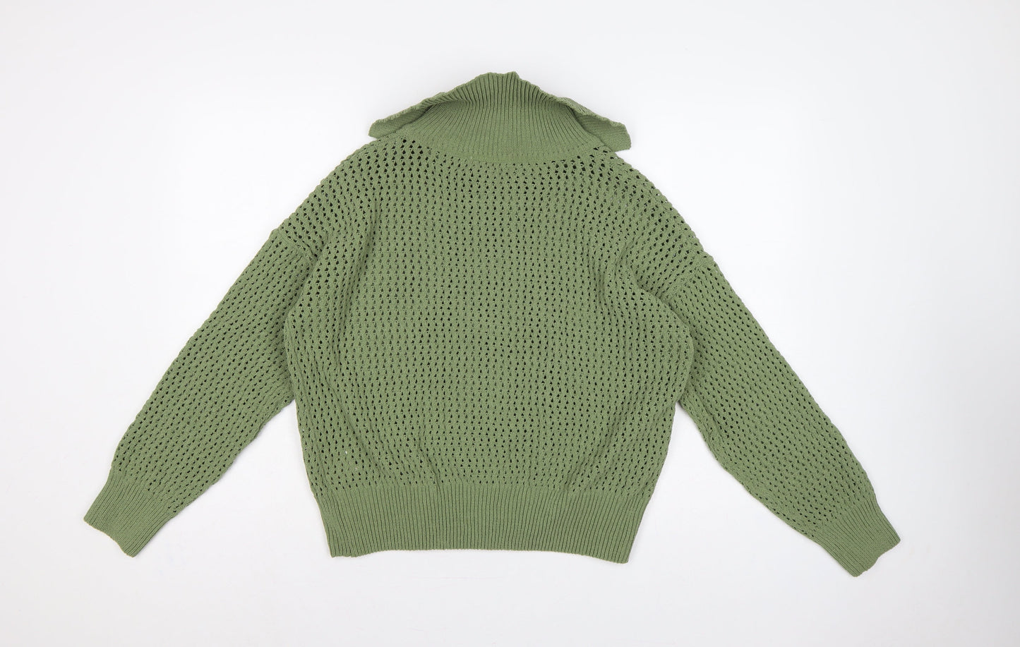 Greige Women Green M Full Zip Open Knit Collared Jumper