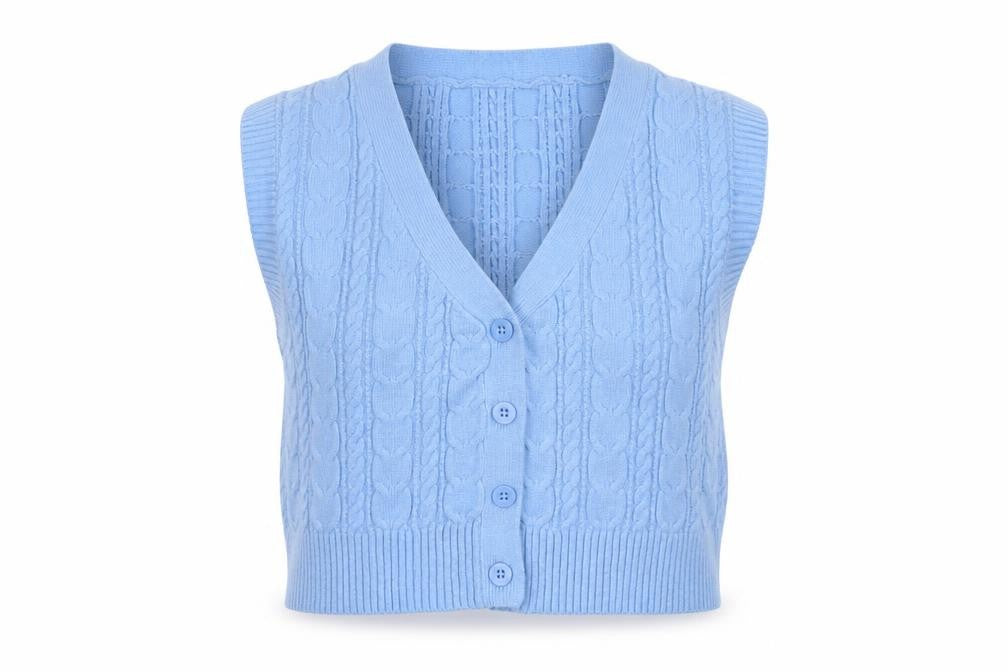 Stradivarius Women Blue S Cable-Knit V-Neck Button Vest Cardigan