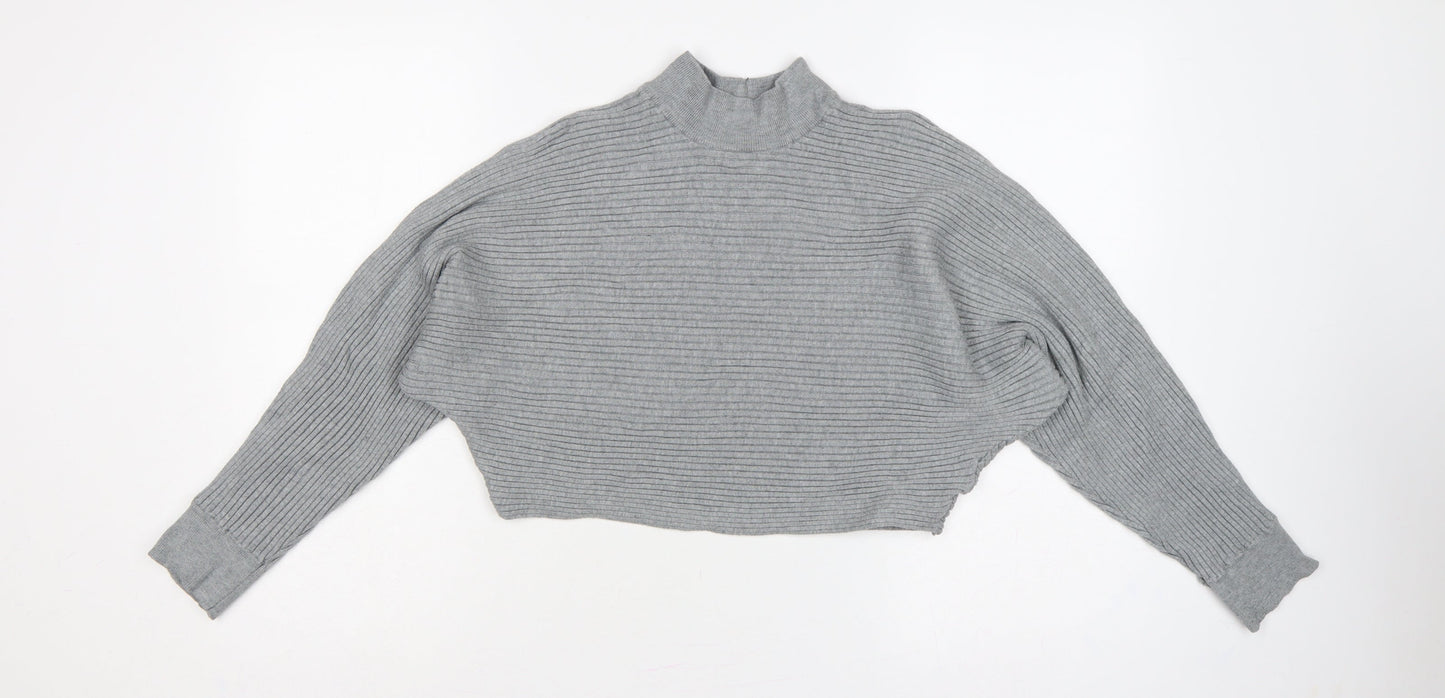 New Look Women Grey M Rib Knit Mock Neck Cropped Jumper