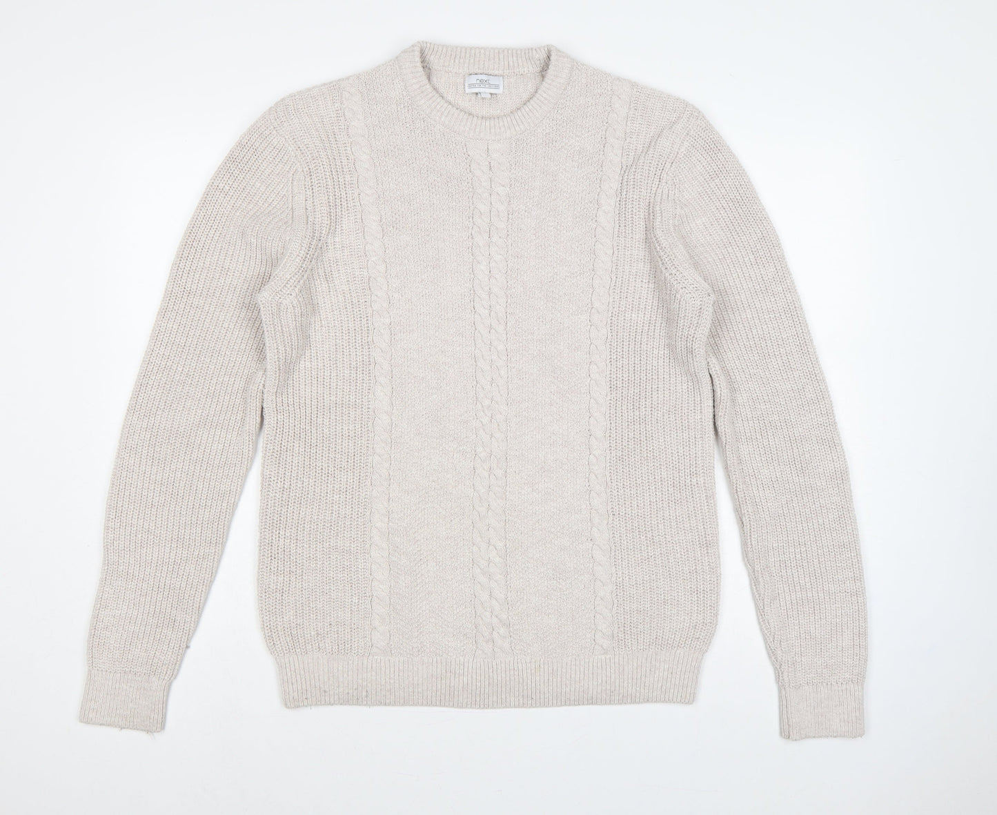 Next Men's Beige L Cable-Knit Crew Neck Cotton Blend Pullover Jumper