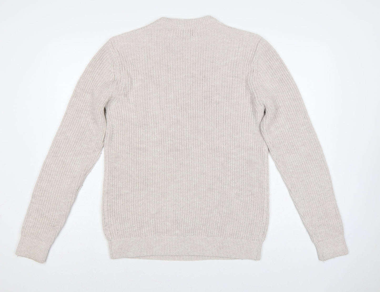 Next Men's Beige L Cable-Knit Crew Neck Cotton Blend Pullover Jumper