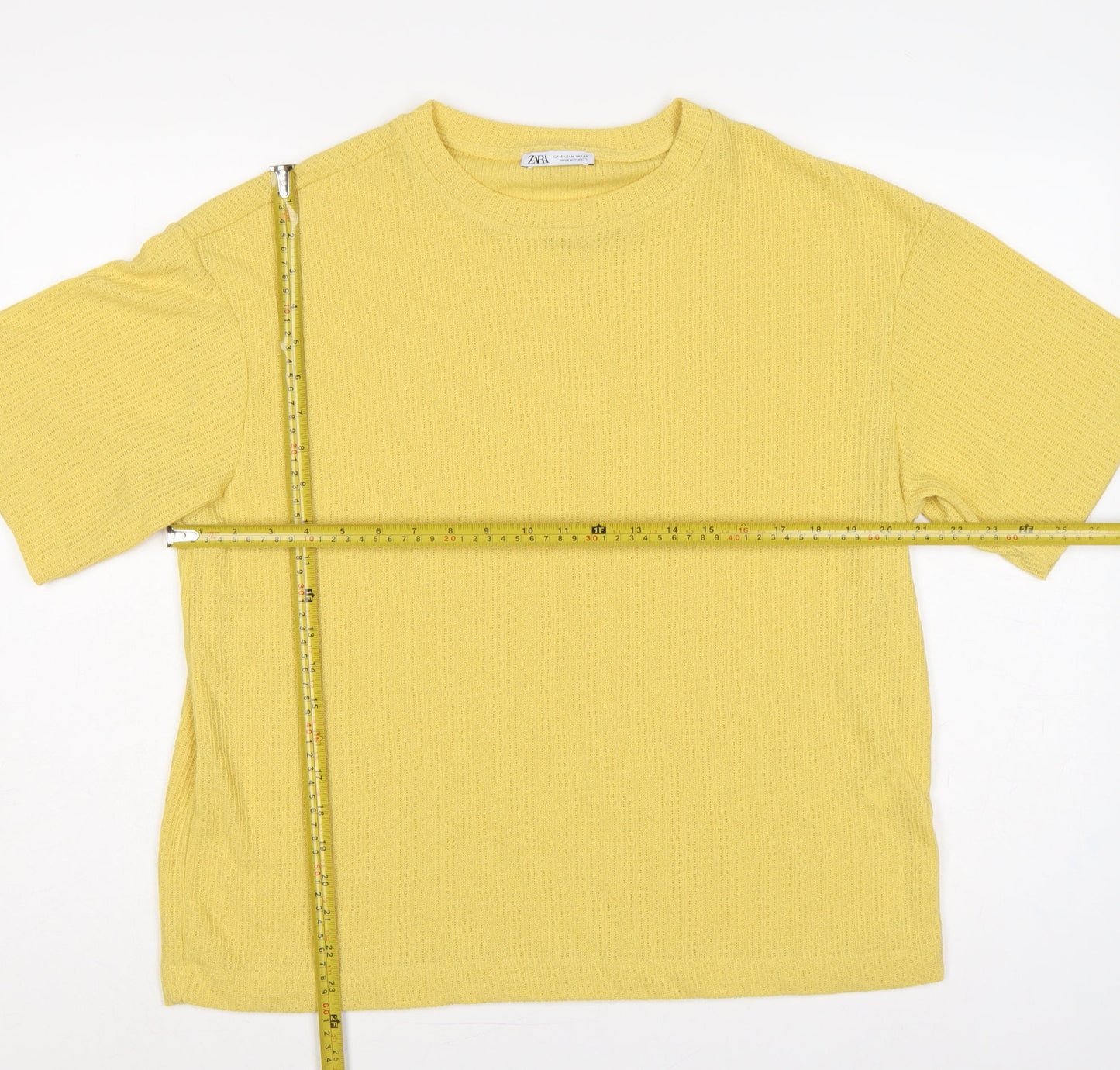 Zara Women Yellow M Short Sleeve Rib Knit Crew Neck Pullover Jumper