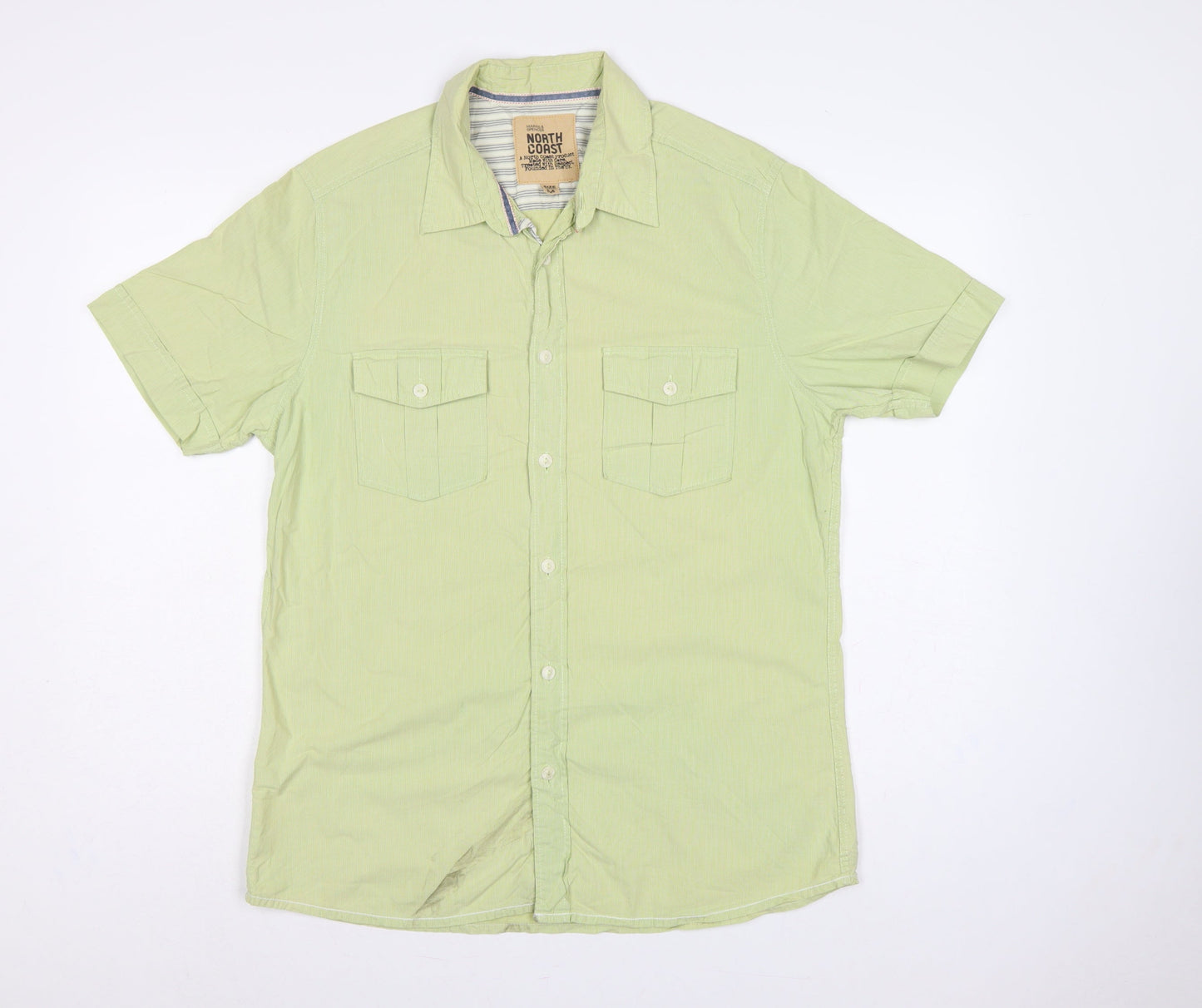 Marks & Spencer Men Green M Cotton Striped Short Sleeve Button-Up Shirt