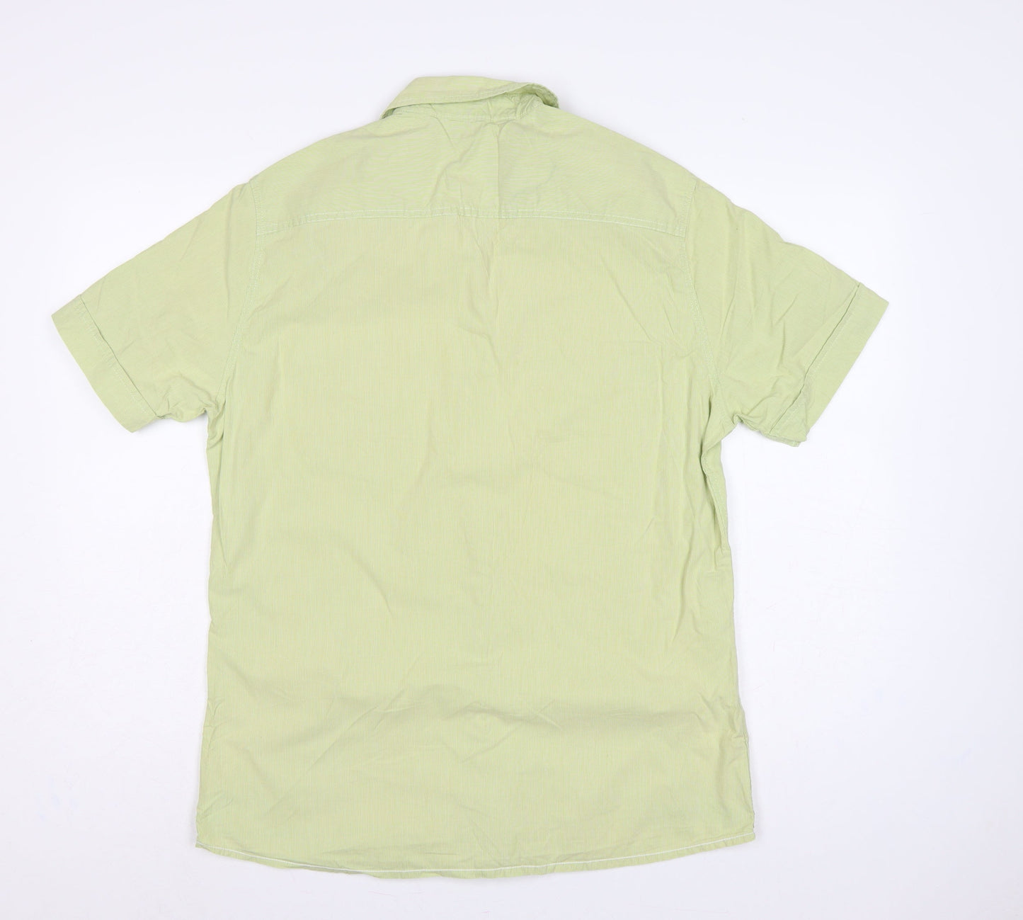 Marks & Spencer Men Green M Cotton Striped Short Sleeve Button-Up Shirt
