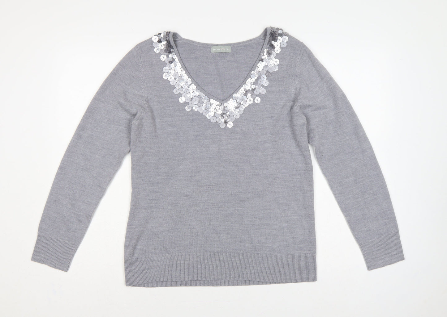 Per Una Women Grey Size 16 Sequin V-Neck Long Sleeve Knit Jumper