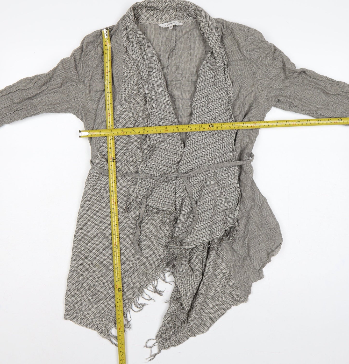 Sandwich Women Grey UK 8 Wrap Knit Long Sleeve Belted Fringe Blouse
