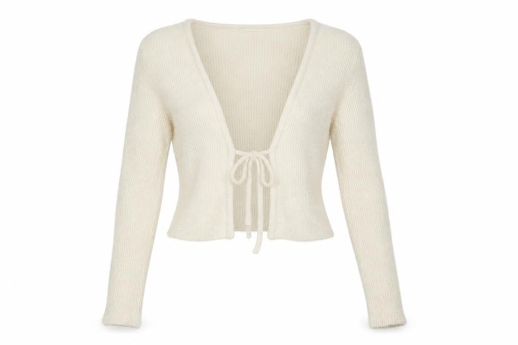 Urban Outfitters Women Ivory S Petite Wrap Tie Knit Cardigan Long Sleeve