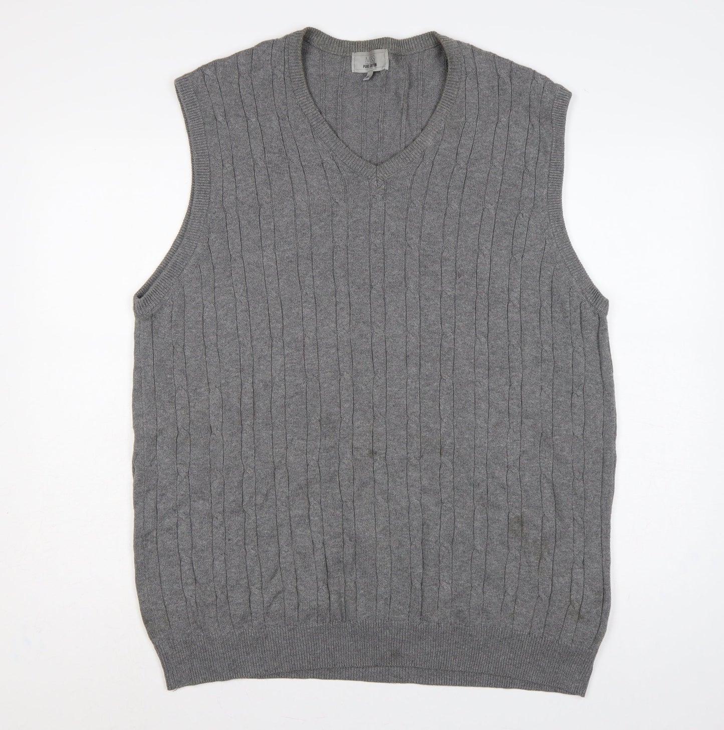 Marks and Spencer Men Grey XL Cable Knit Cotton V-Neck Vest Jumper