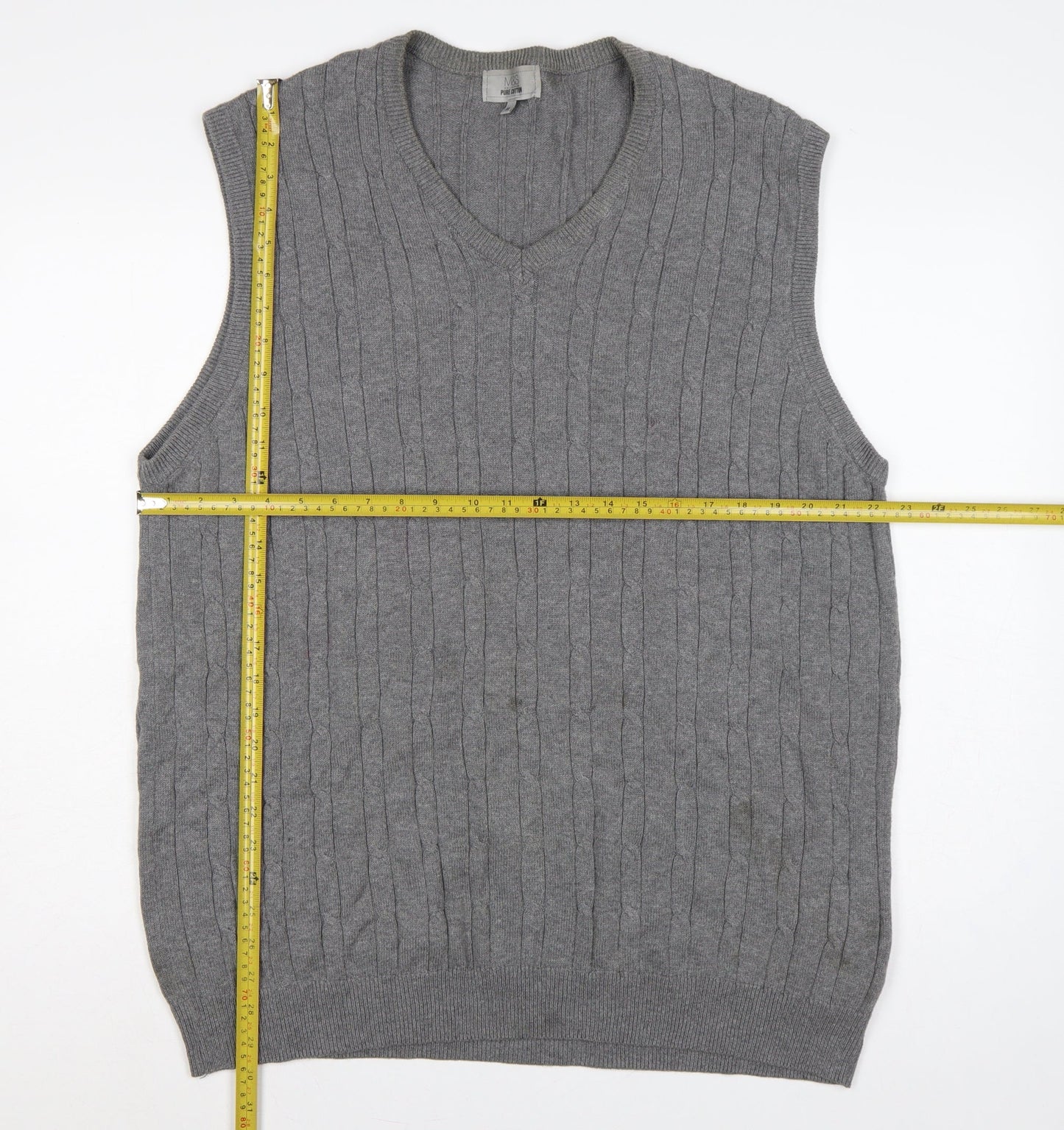 Marks and Spencer Men Grey XL Cable Knit Cotton V-Neck Vest Jumper