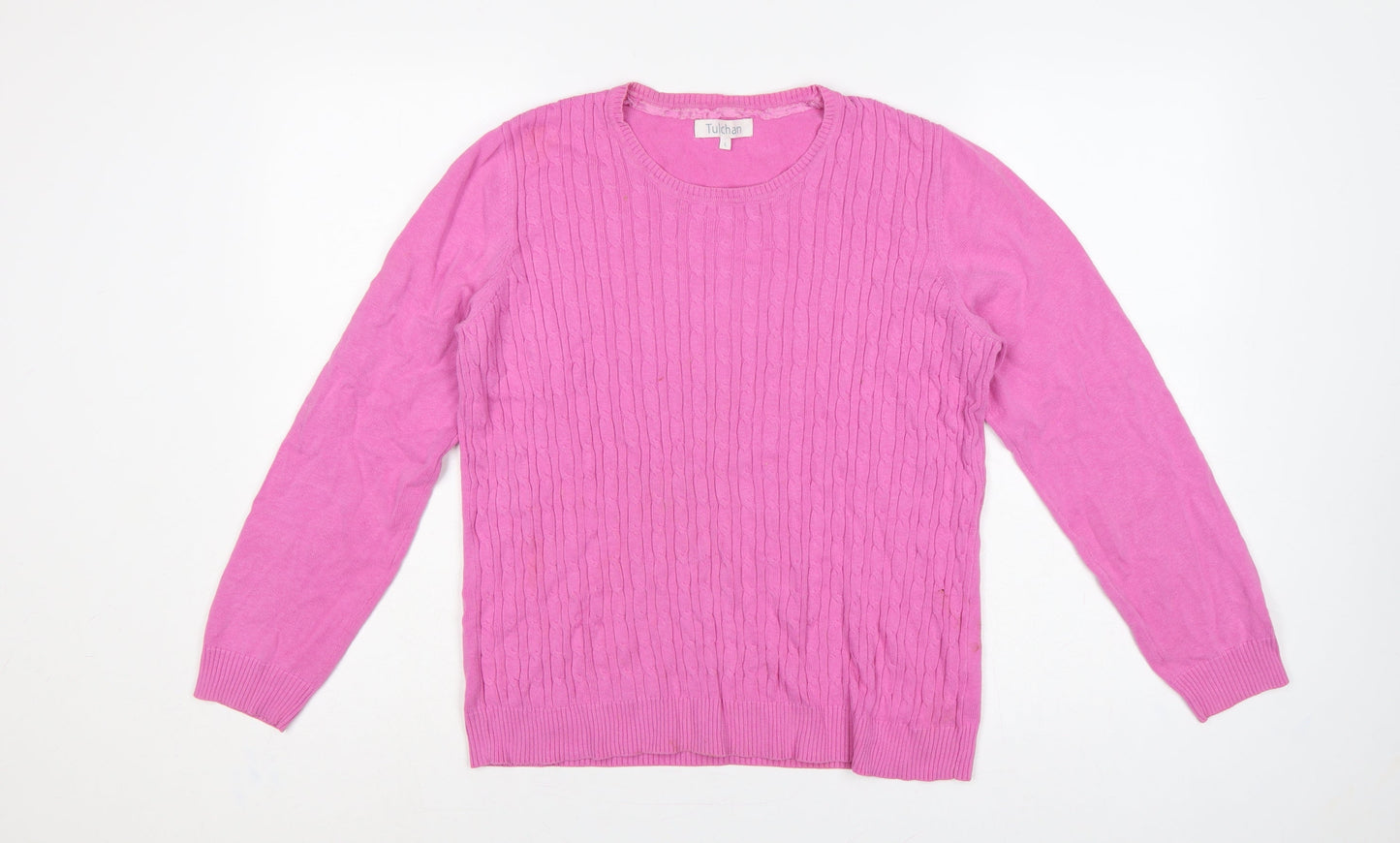 Tulchan Women’s Pink L Cable Knit Cotton Round Neck Pullover Jumper