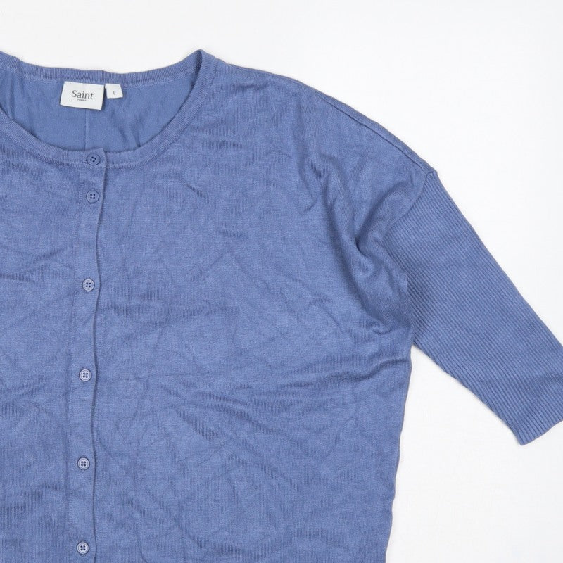Saint Tropez Women Blue L Round Neck 3/4 Sleeve Button Cardigan