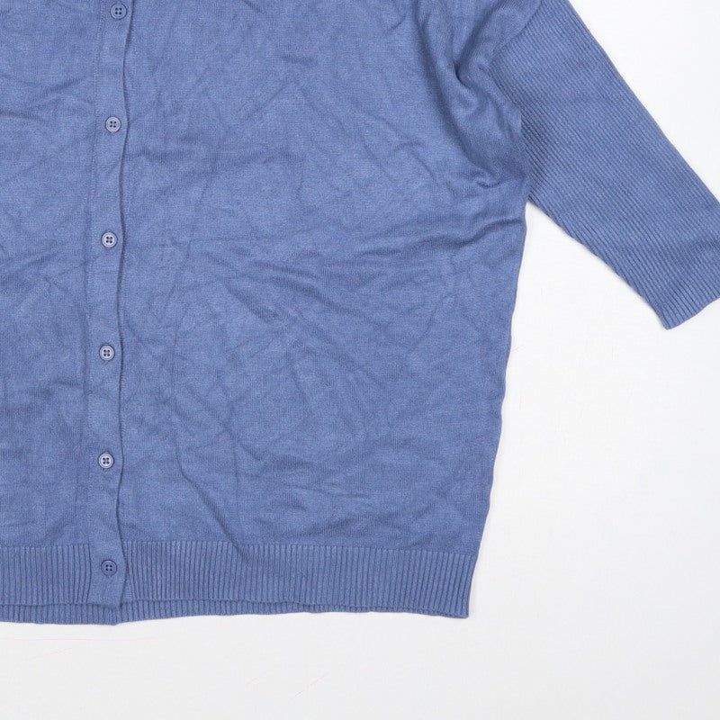 Saint Tropez Women Blue L Round Neck 3/4 Sleeve Button Cardigan