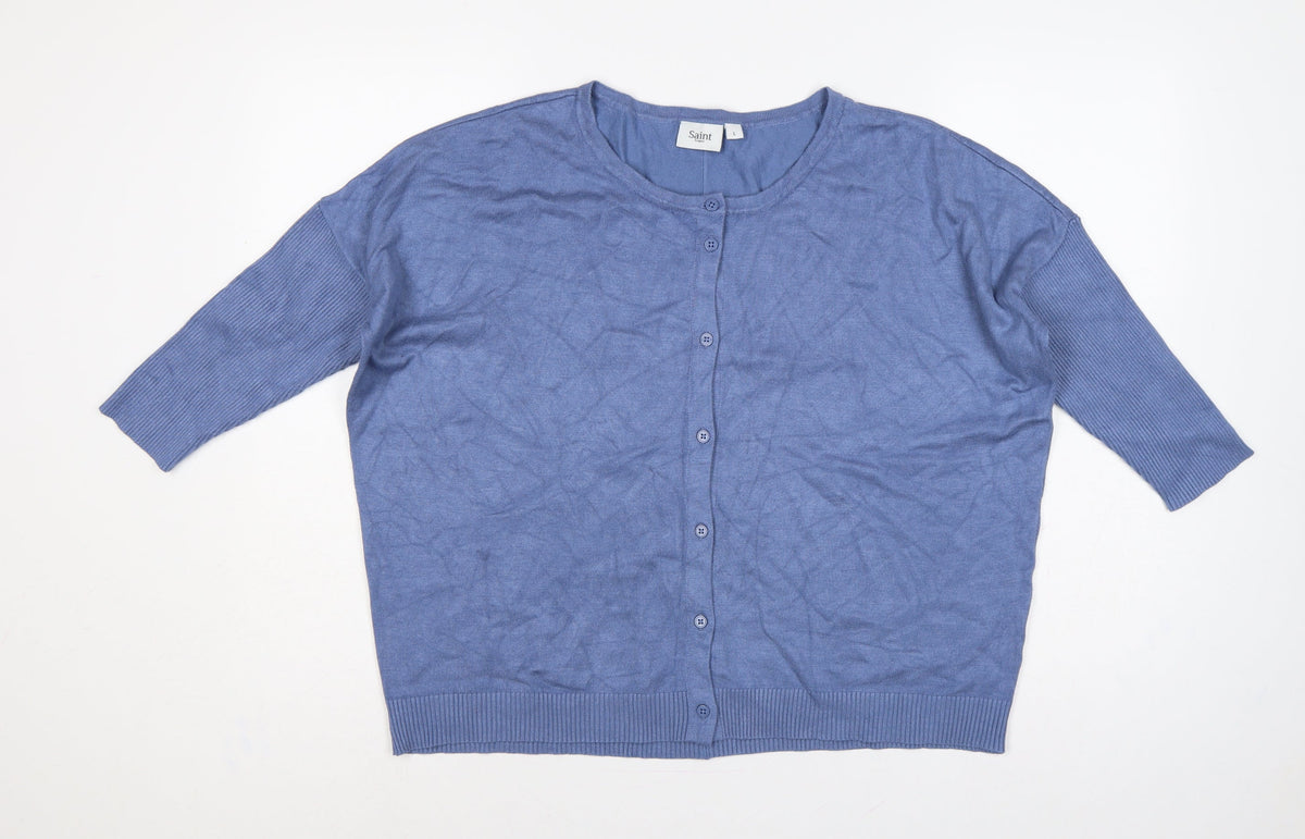 Saint Tropez Women Blue L Round Neck 3/4 Sleeve Button Cardigan