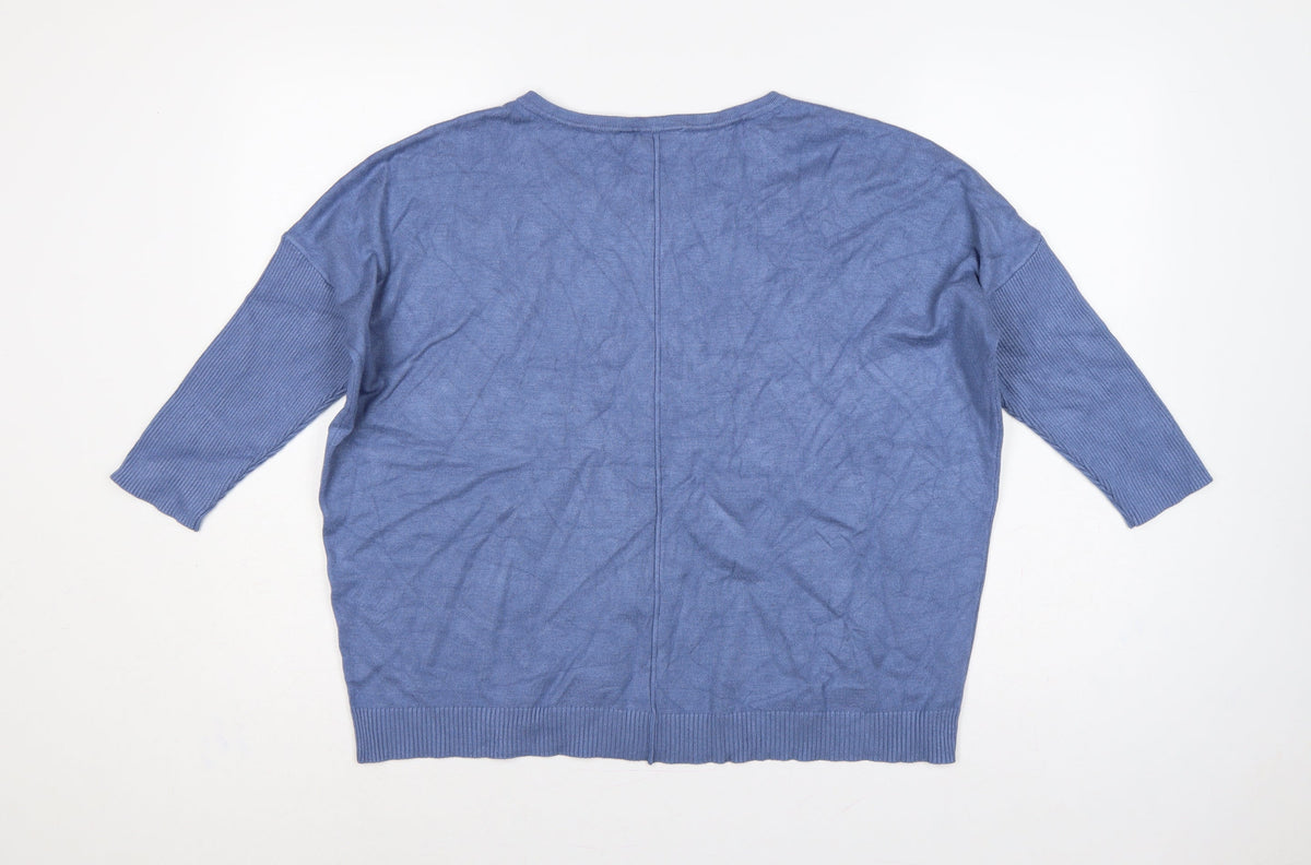 Saint Tropez Women Blue L Round Neck 3/4 Sleeve Button Cardigan