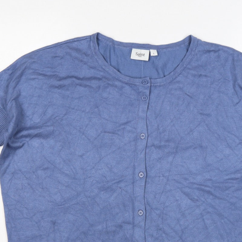 Saint Tropez Women Blue L Round Neck 3/4 Sleeve Button Cardigan