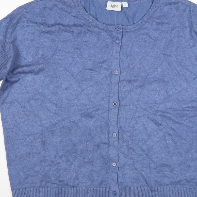 Saint Tropez Women Blue L Round Neck 3/4 Sleeve Button Cardigan