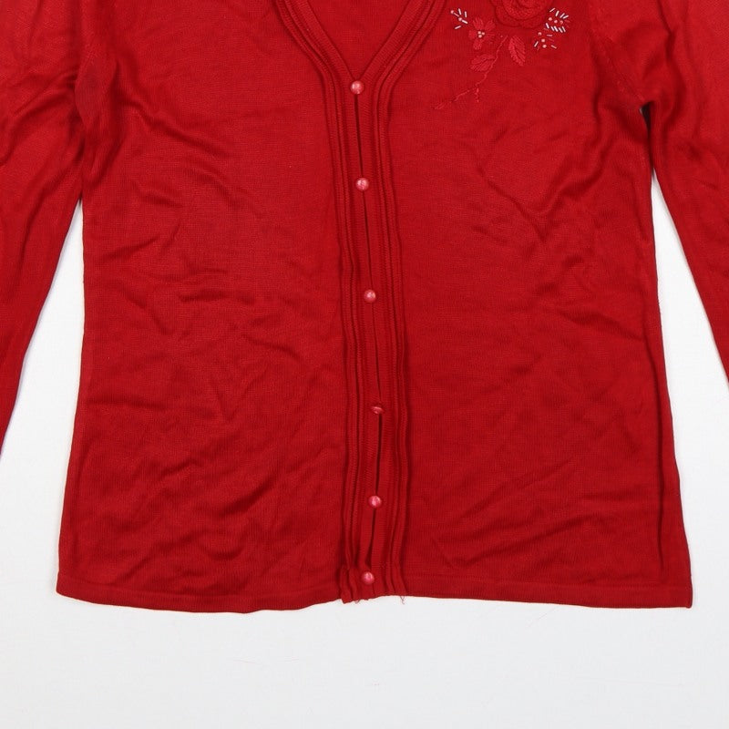 BM Collection Women’s Red S Floral Embroidered Beaded V-Neck Cardigan