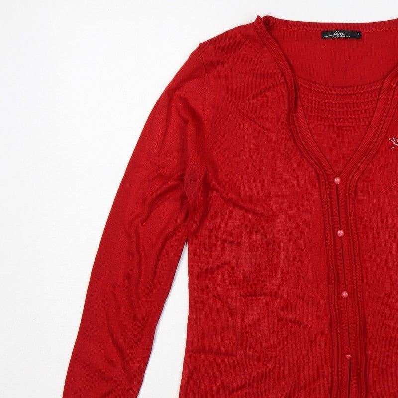 BM Collection Women’s Red S Floral Embroidered Beaded V-Neck Cardigan