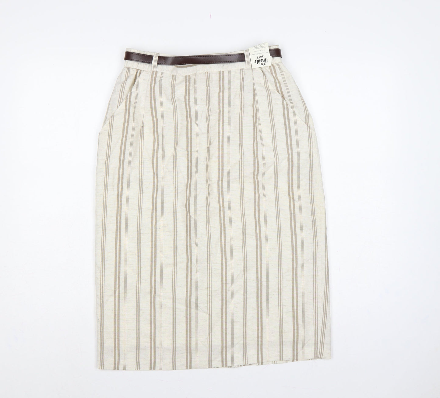 The Inside Story Women Beige Stripe UK 14 Pencil Knee Skirt Belt