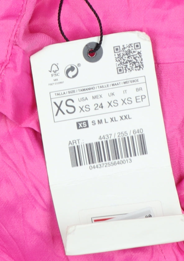 Zara Women Pink XS Viscose Short Sleeve Collared Button-Up Shirt