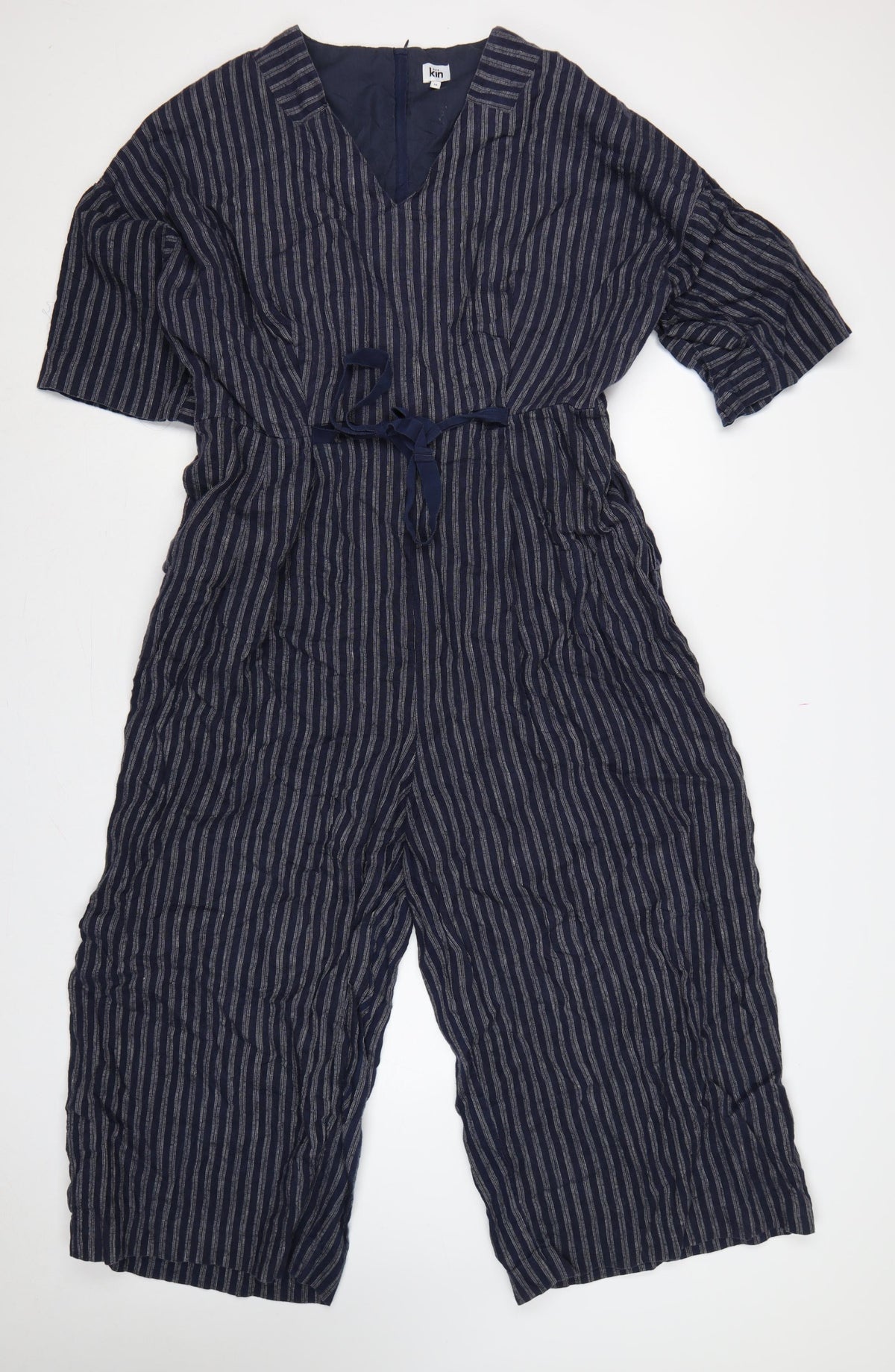 Kin Women’s Blue Striped Size 14 Wide-Leg V-Neck Jumpsuit