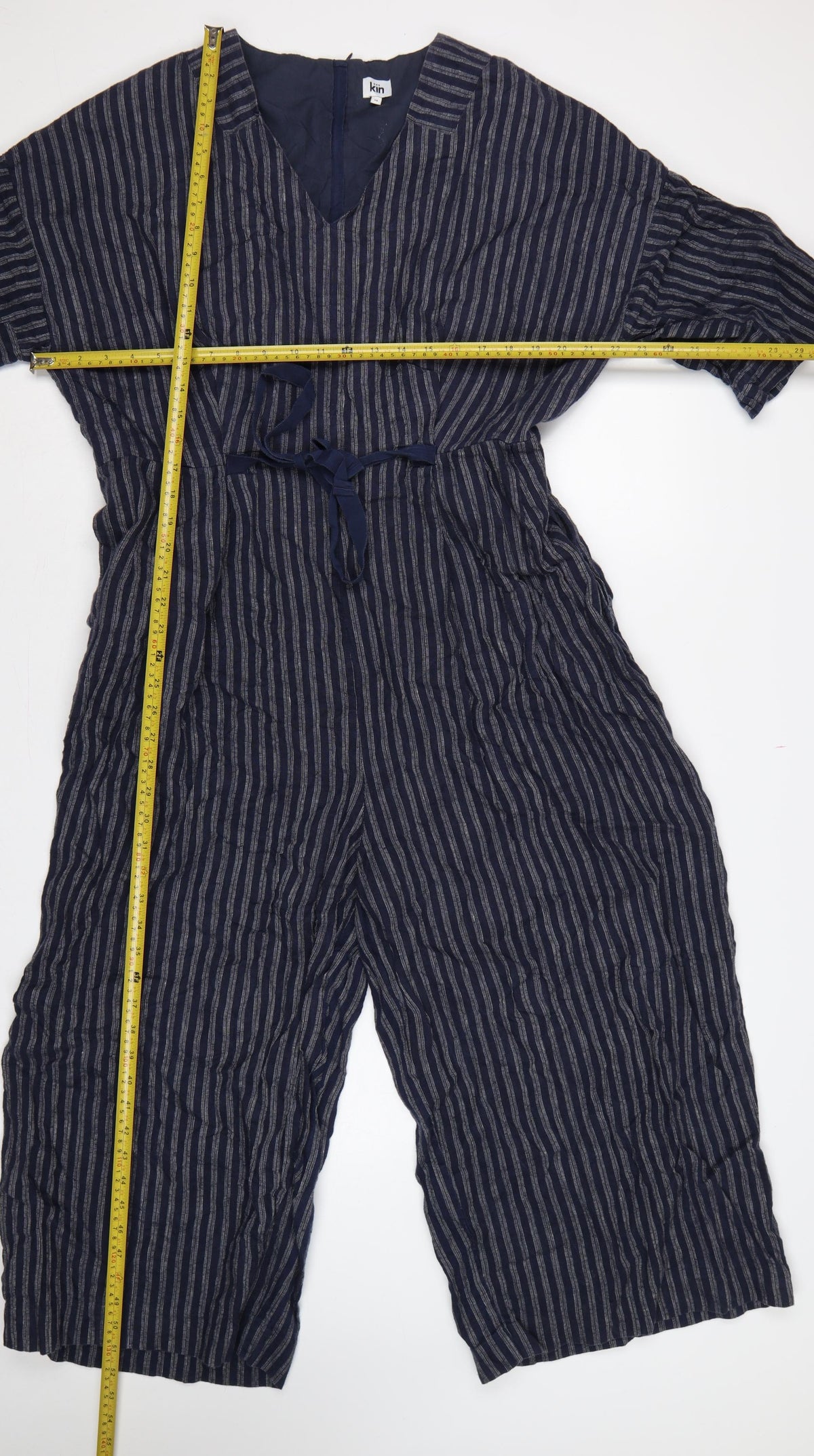 Kin Women’s Blue Striped Size 14 Wide-Leg V-Neck Jumpsuit