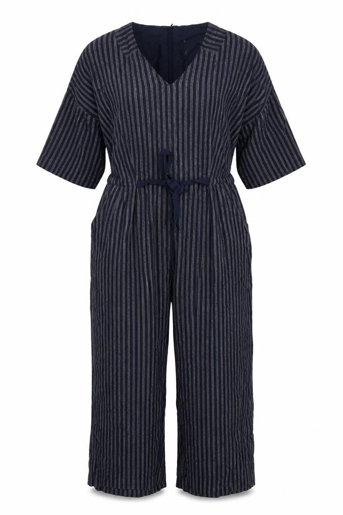 Kin Women’s Blue Striped Size 14 Wide-Leg V-Neck Jumpsuit