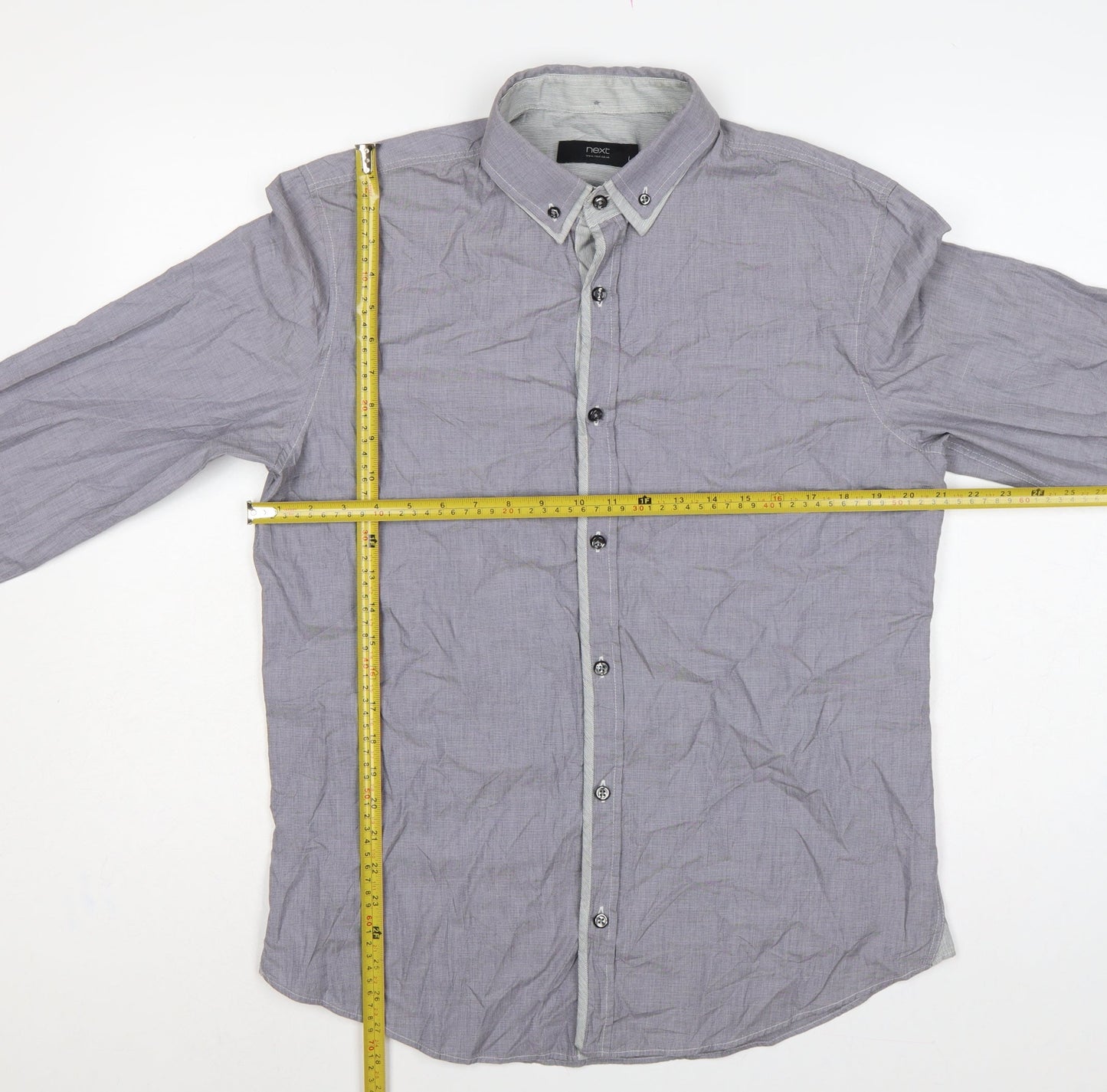 Next Men's Grey L Cotton Button-Down Long Sleeve Casual Shirt