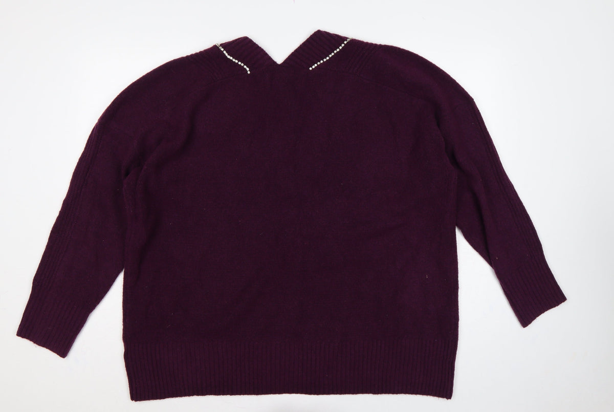 Next Women’s Purple XL V-Neck Rhinestone Trim Knit Pullover Jumper