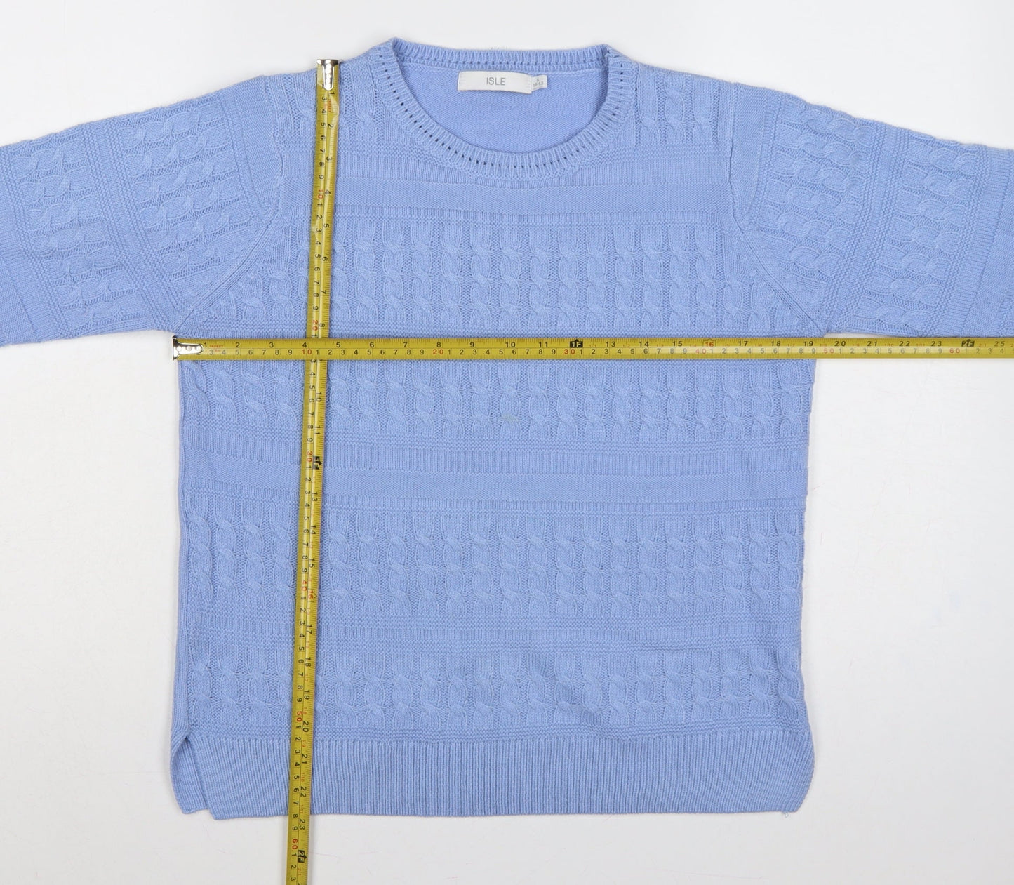 Isle Women Blue S 10-12 Cable Knit Crew Neck Acrylic Pullover