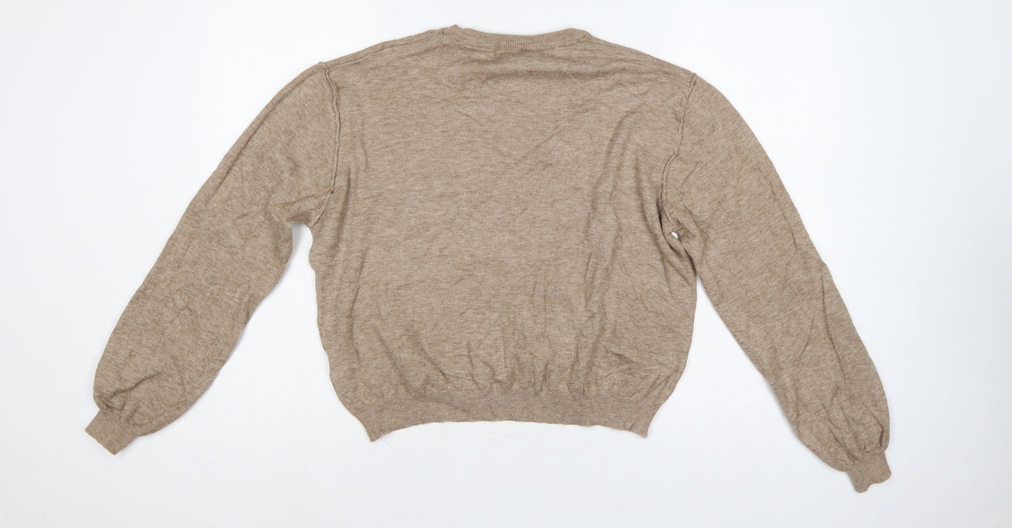 Pull&Bear Women’s Beige L Crew Neck Balloon Sleeve Knit Jumper
