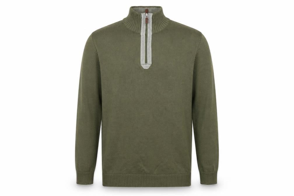 Front view of W&B Men’s Green XL Quarter Zip High Neck Knit Jumper