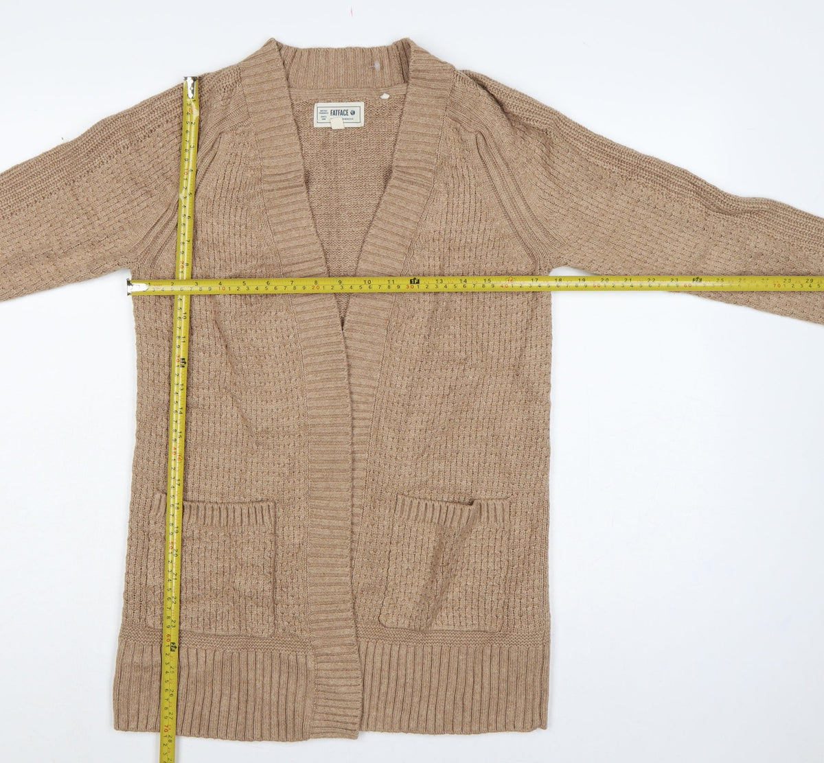 FatFace Women’s Beige UK 8 Cable Knit Open Cardigan Pockets