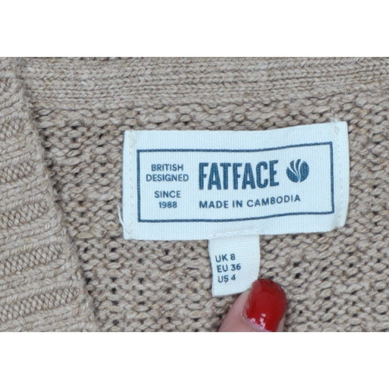 FatFace Women’s Beige UK 8 Cable Knit Open Cardigan Pockets