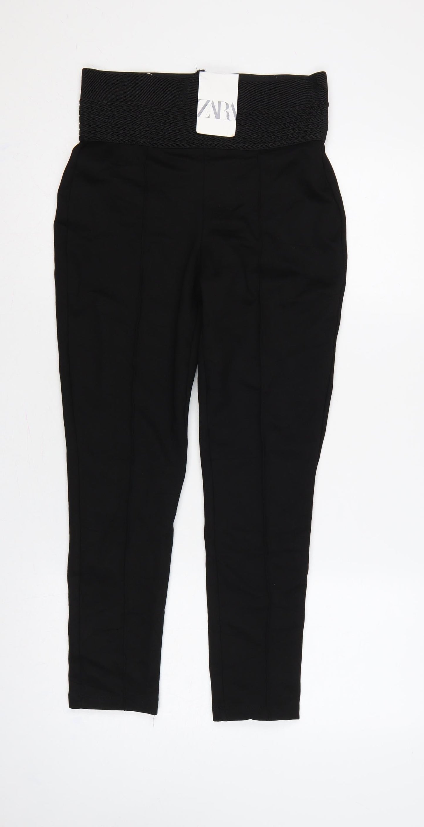 Zara Women Black High Rise Stretch Textured Waist Leggings UK L