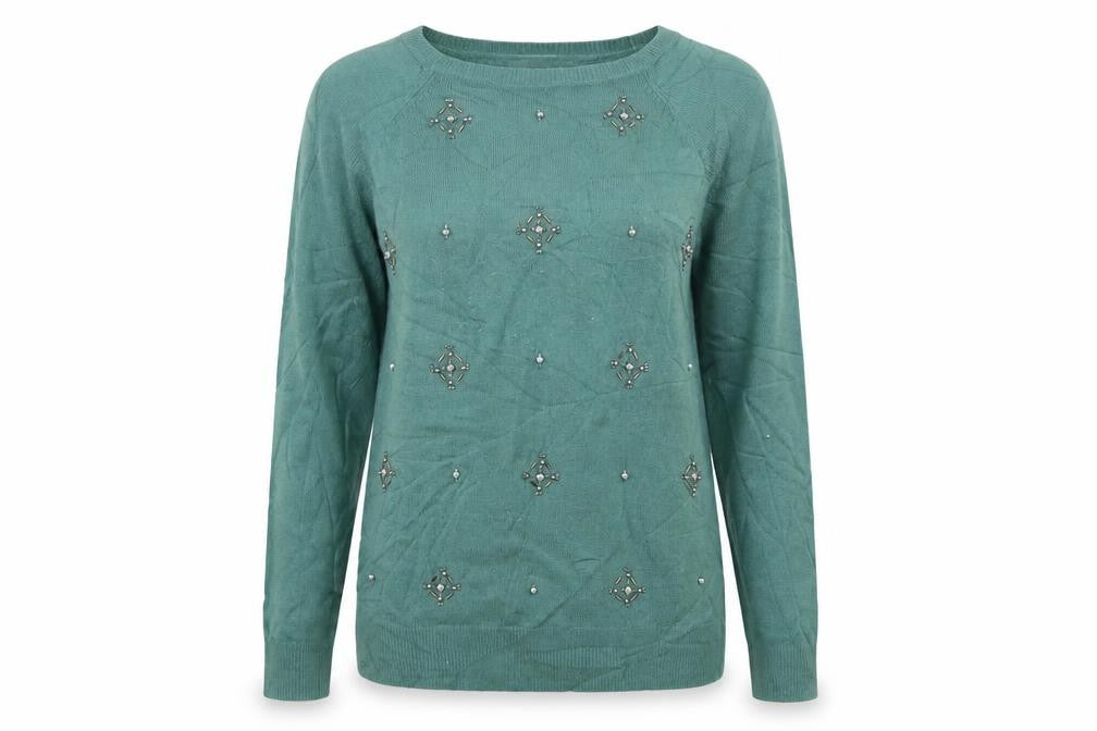 Marks & Spencer Women’s Green UK 10 Beaded Jewel Round Neck Knit Pullover Jumper