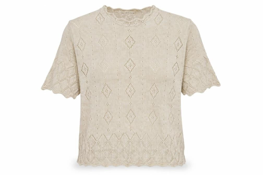 Marks & Spencer Women Beige UK 18 Linen Blend Open-Knit Short Sleeve Jumper